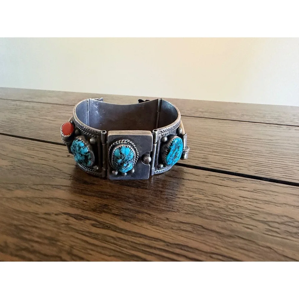 Vintage Navajo Sterling Silver Turquoise CoralClaw Watch Cuff Bracelet signed